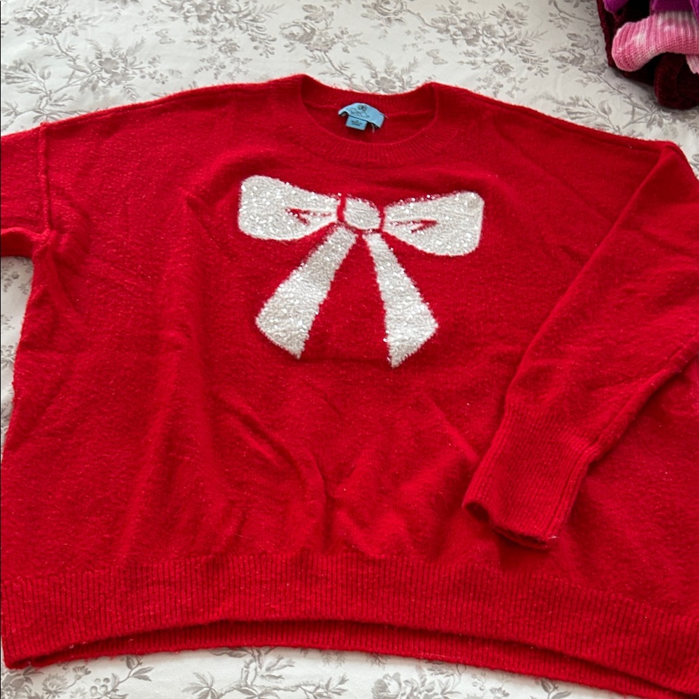 CeCe Red Sweater with White Bow Accent